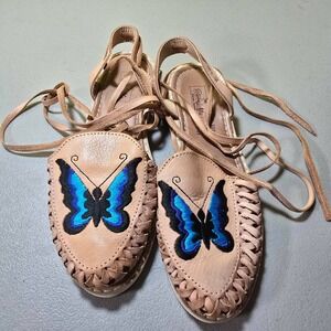 De La Tierra Mia Mexican Huarache Sandals Tan Leather Blue Butterfly Womens 7
